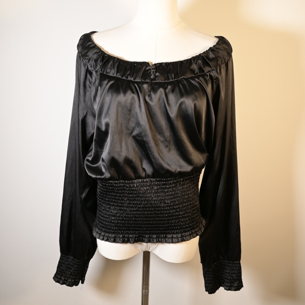 Nine West Womens M Black Satin Off Shoulder Smocked Waist Blouse Whimsygoth